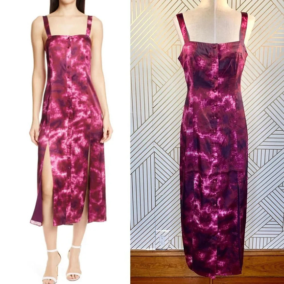 Cinq a Sept Alexa Dress Tie Dye‎ Satin Midi Hippie Boho Slits Size 4 - Picture 1 of 10
